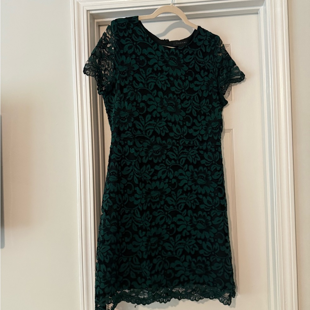 Tahari Green and Black Lace Sheath Dress